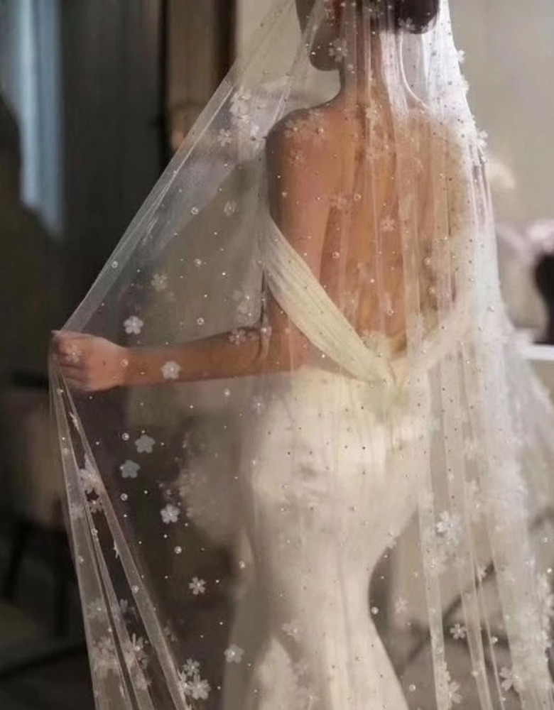Pearl Flower Embellished Bridal Wedding Veil Cathedral Length Fashionably Yours Bridal