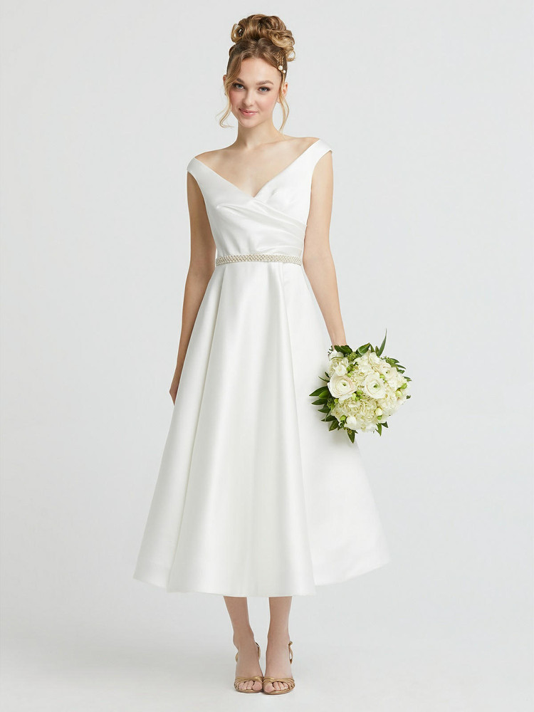 Draped Off-the-Shoulder Satin Wedding Dress with Beaded Belt Dessy Bridal Dress 1061