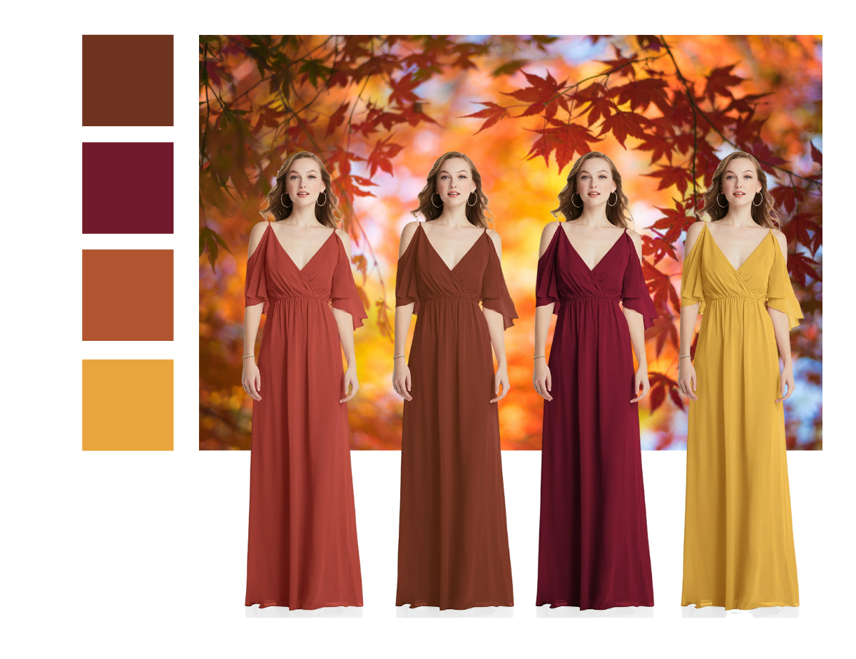 Rustic Autumn Wedding Cold Shoulder V-neck Maxi Bridesmaid Dress by Dessy at Fashionably Yours