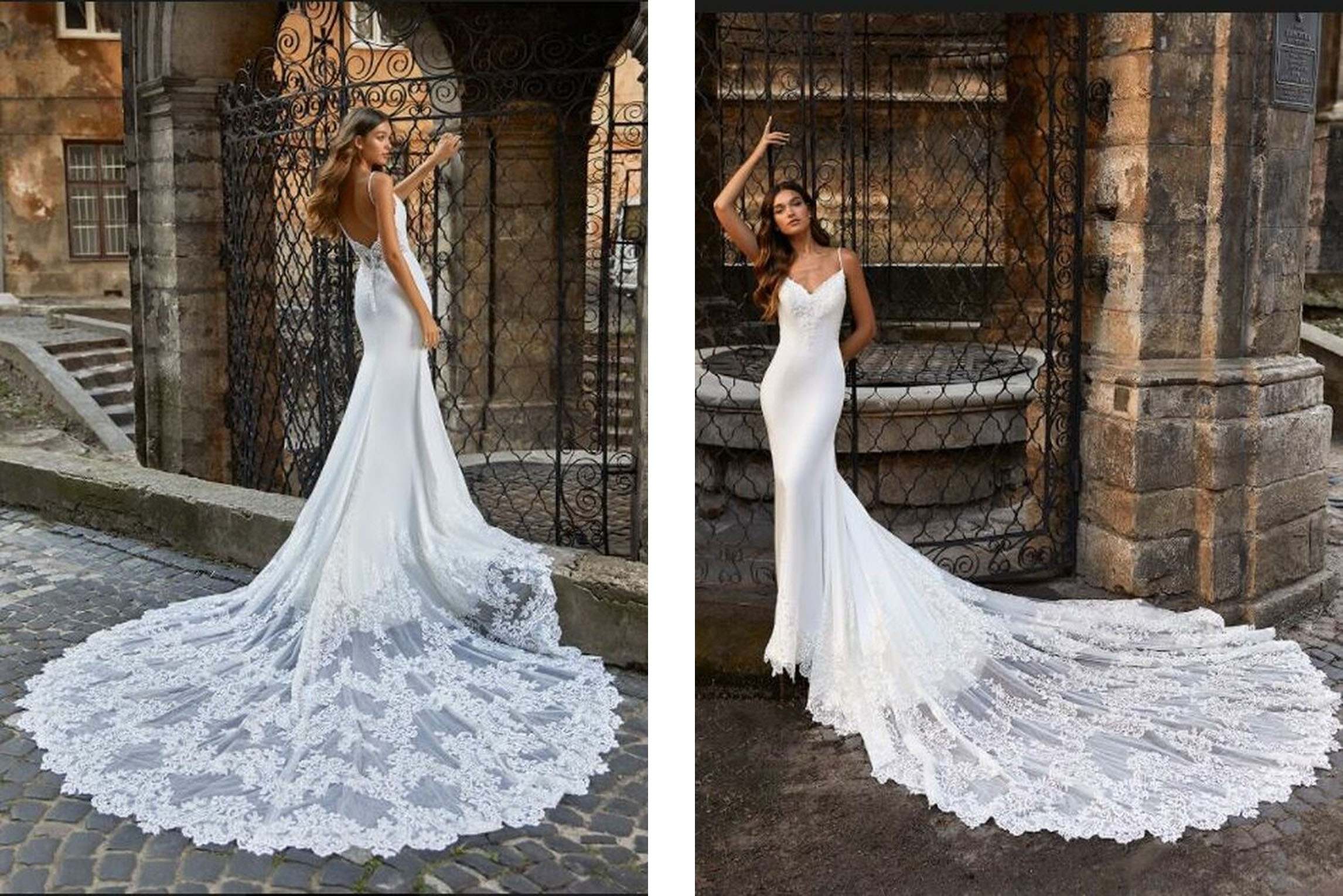 Adrianna by Moonlight Bridal Sleek White Crepe Mermaid Wedding Dress with Open Back, Illusion Buttons, Full Lace Train and Lace applique Detailing on V-Neckline at Fashionably Yours
