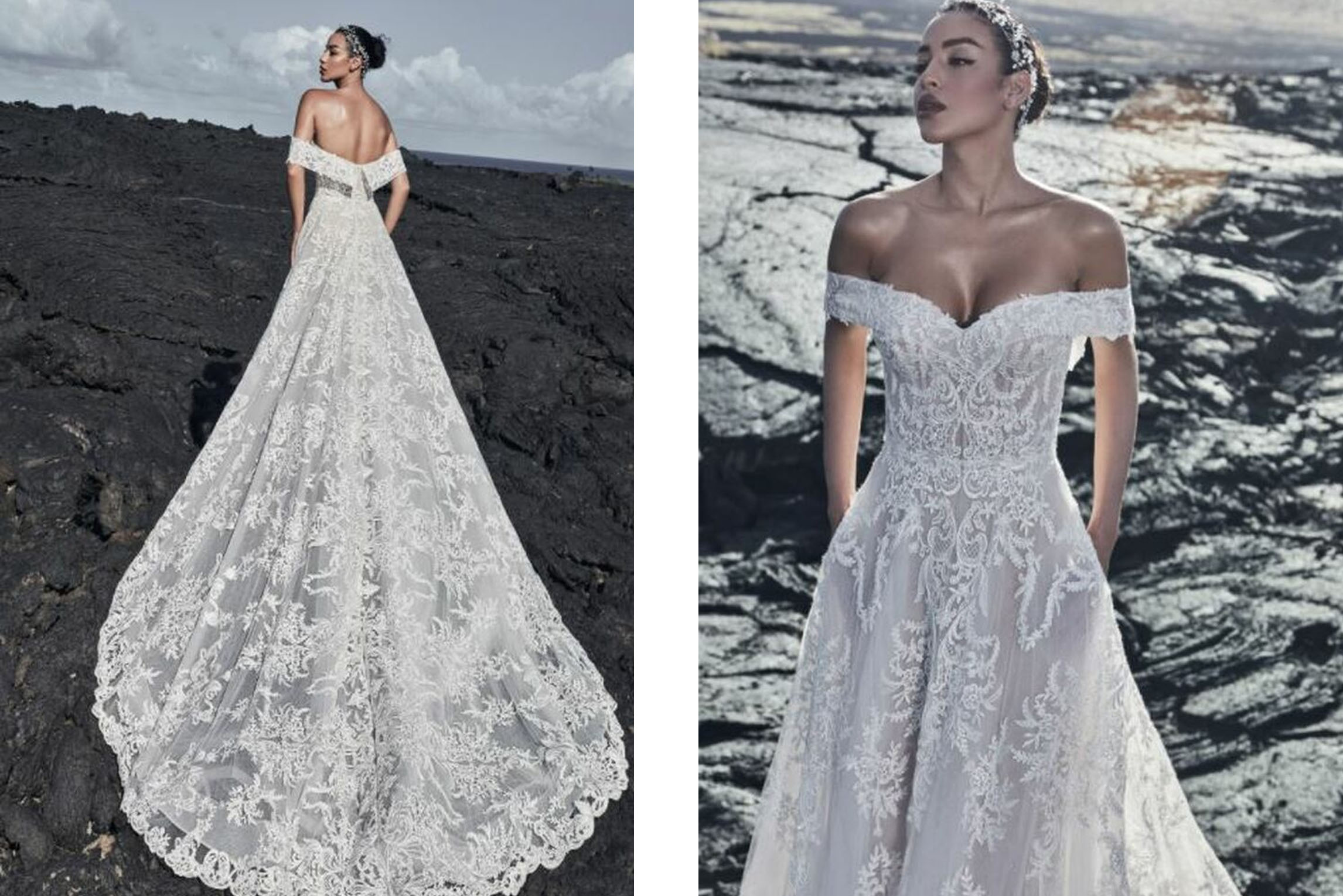 Alma by Calla Blanche cold-shoulder A-line Princess Ballgown Lace Applique Wedding Dress with Train at Fashionably Yours