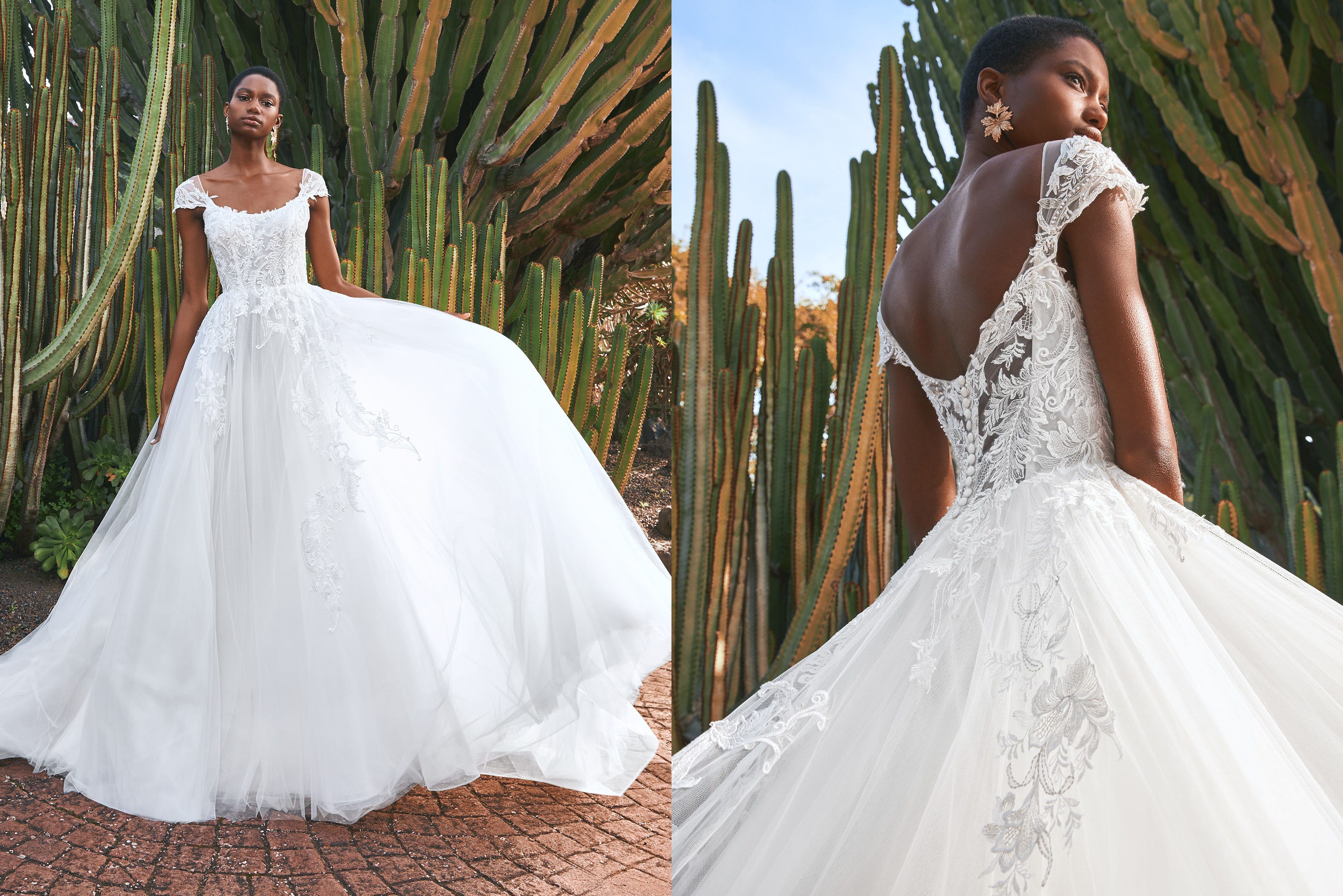 Bromo A Line Cap Sleeve Lace Tulle Applique Wedding Dress by Pronovias Barcelona Bridal at Fashionably Yours Sydney