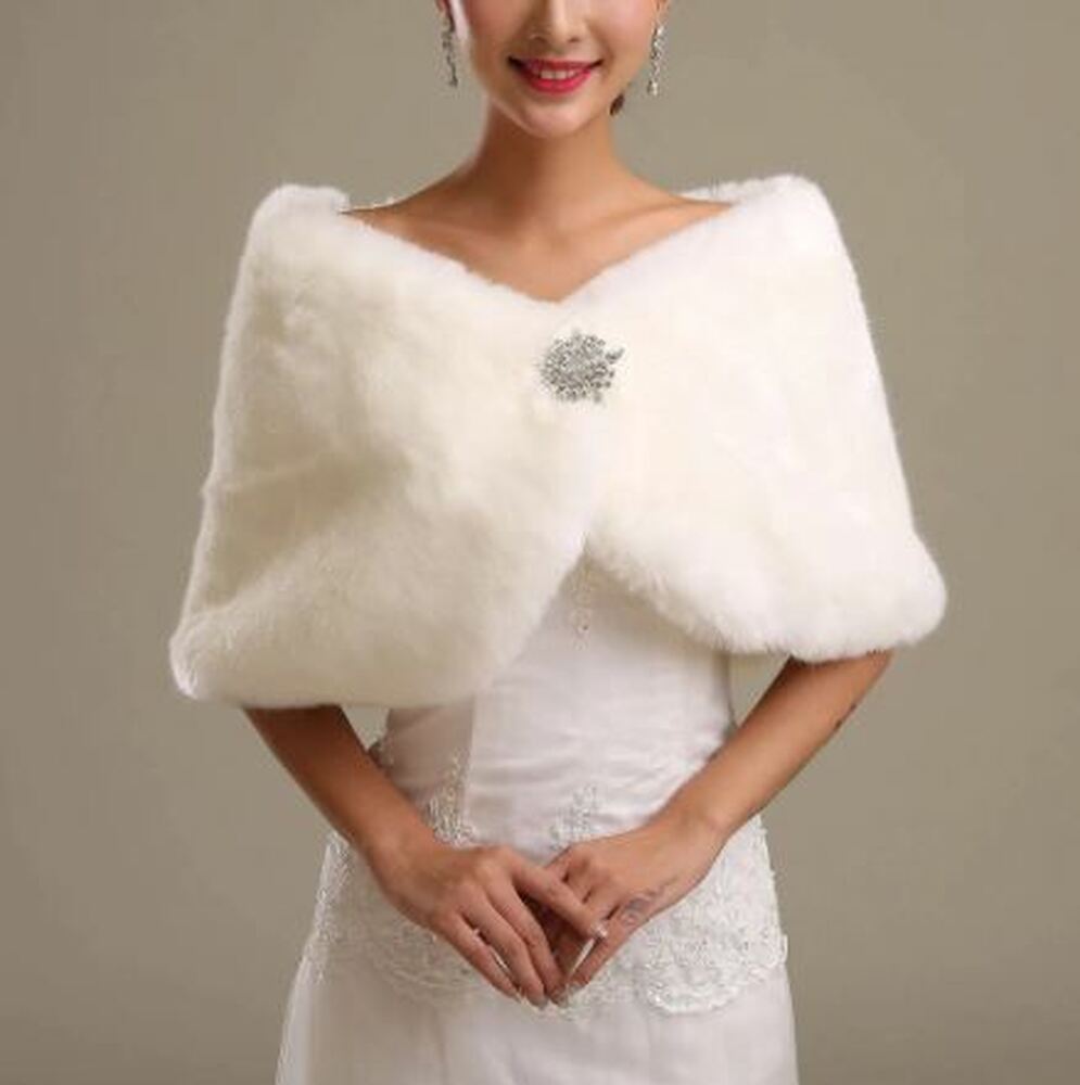 3\Ivory Faux Fur Wedding Cape Wrap Shrug Shawl Bridal Coat