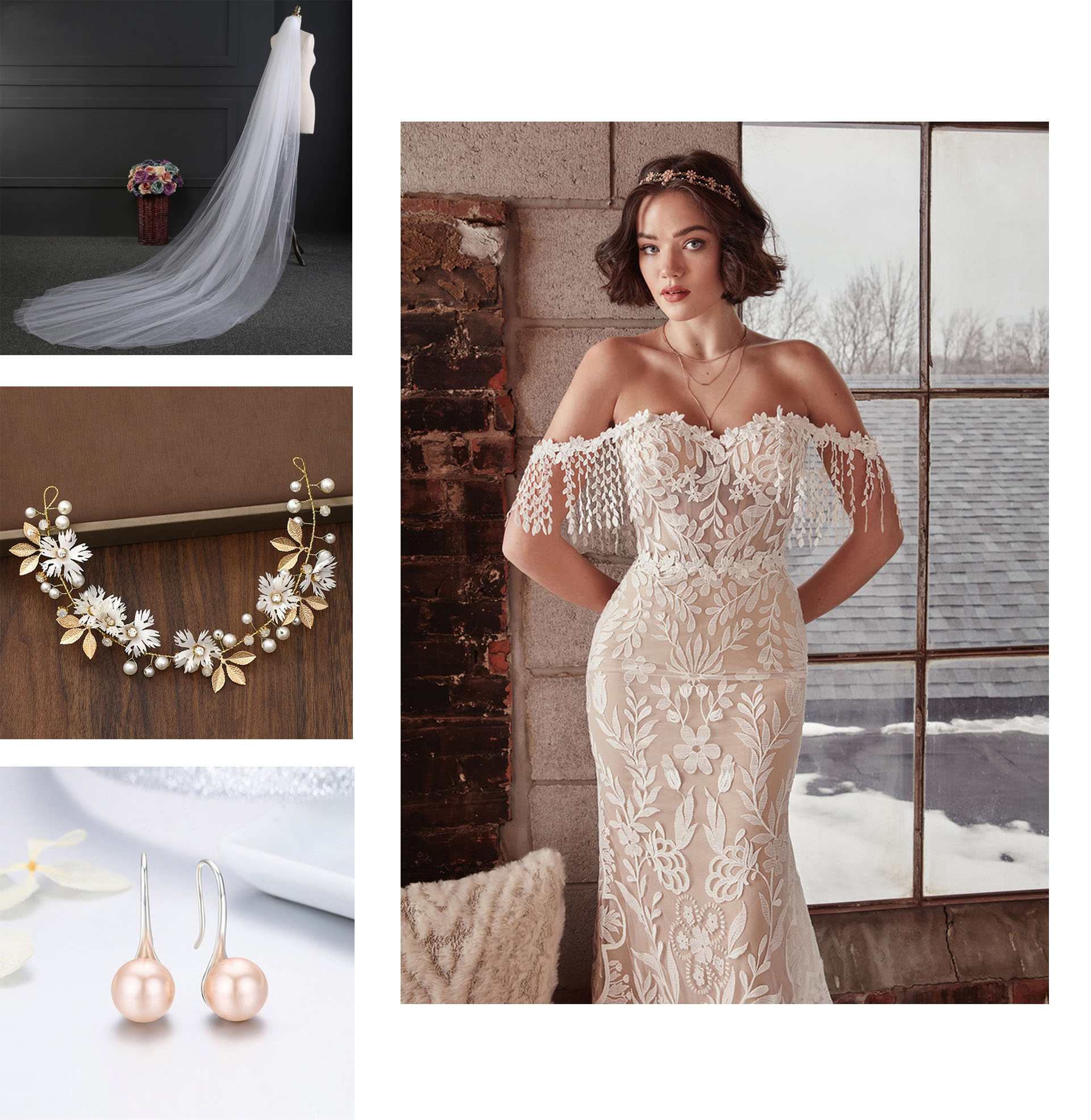 Este from La Perle by Calla Blanche with Tulle Cathedral Wedding Veil, Gold Floral Pearl Bridal Headpiece and Rose Gold Hanging Pearl Drop Earrings. 