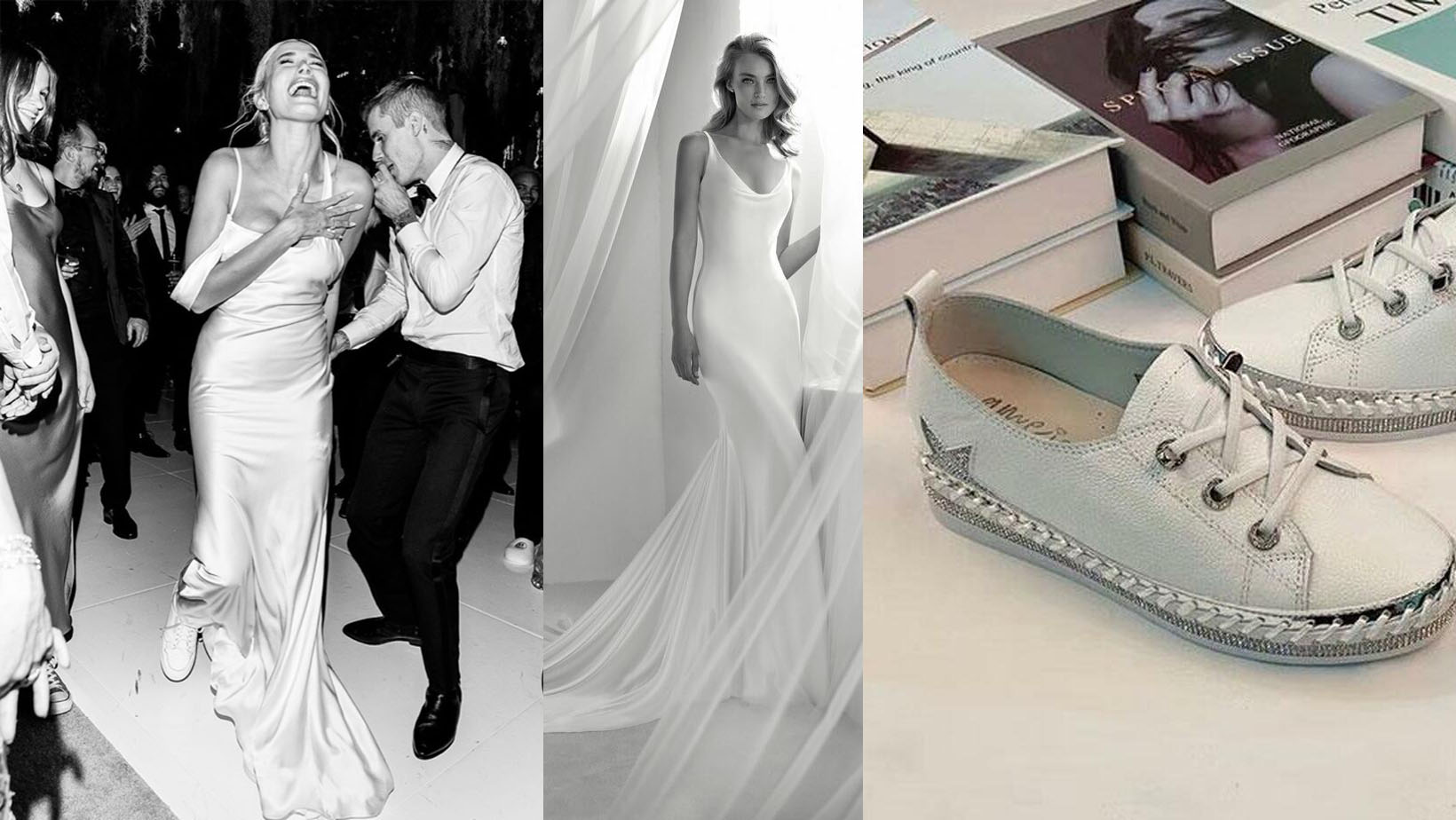 Hailey Bieber Wedding Reception: Ribelia Wedding Dress by Pronovias and Gamma Leather Lace-Up Sneakers by Ameise at Fashionably Yours
