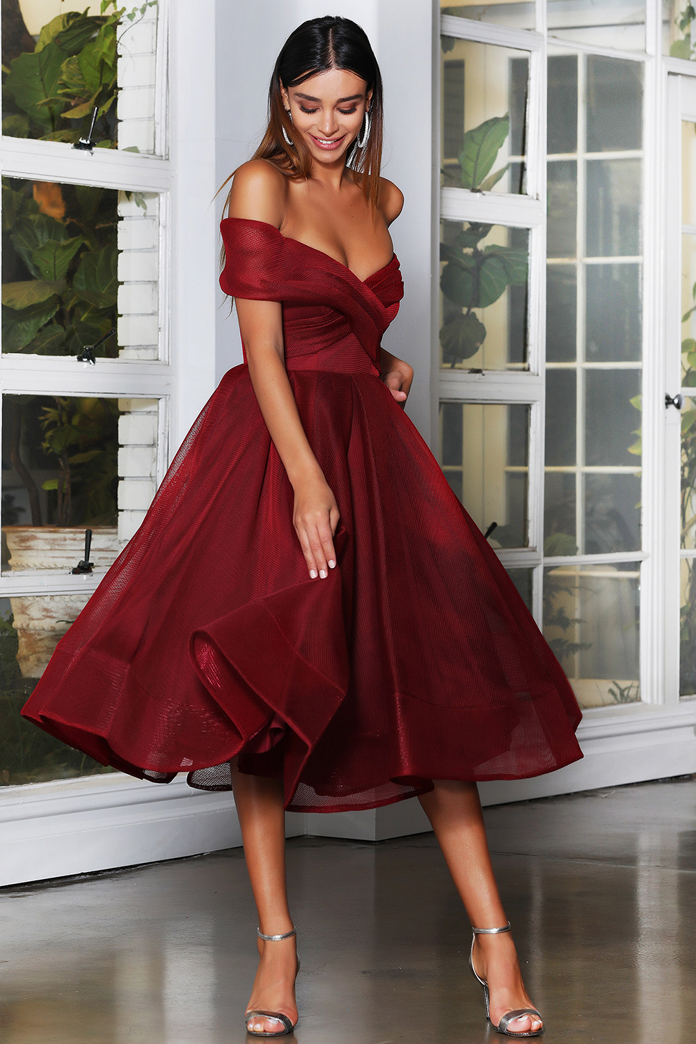 Gabriela JX4003 Off the Shoulder A Line Midi Length Dress by Jadore Evening Buy Online Australia Melbourne Cup Dresses