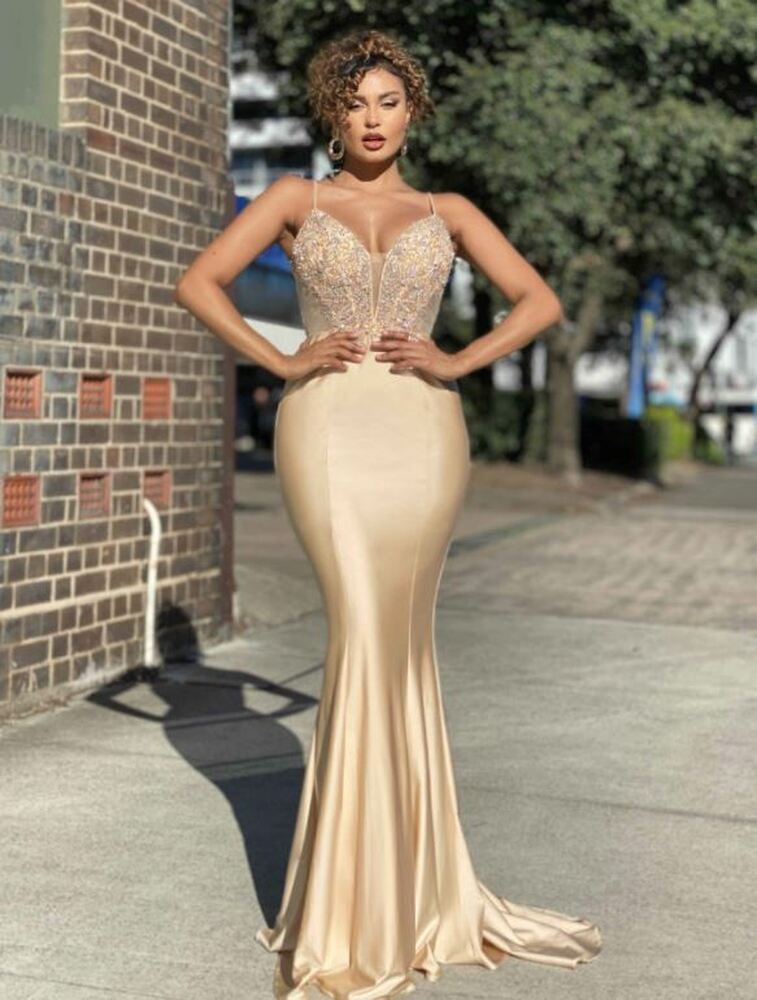 Eve Evening Dress Jadore Evening Gold White Satin Mermaid Silhouette Beaded Lace Applique Boned Corset Bodice Spaghetti Strap Deep Illusion V Bridal Reception Gown at Fashionably Yours