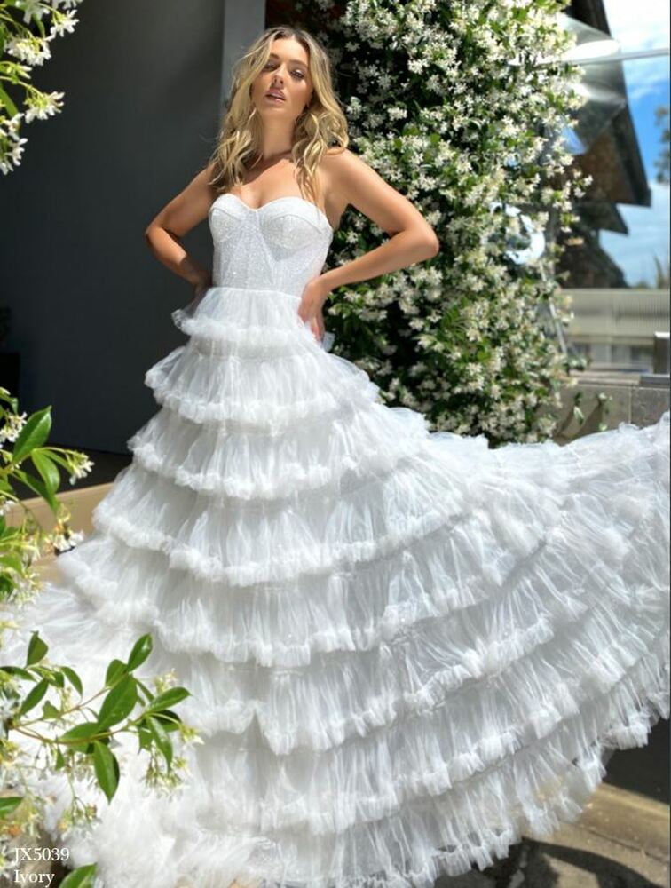 Gracelyn Dress JX5039 by Jadore Evening Tiered Ruffle Sweetheart Sequined Bustier Ballgown