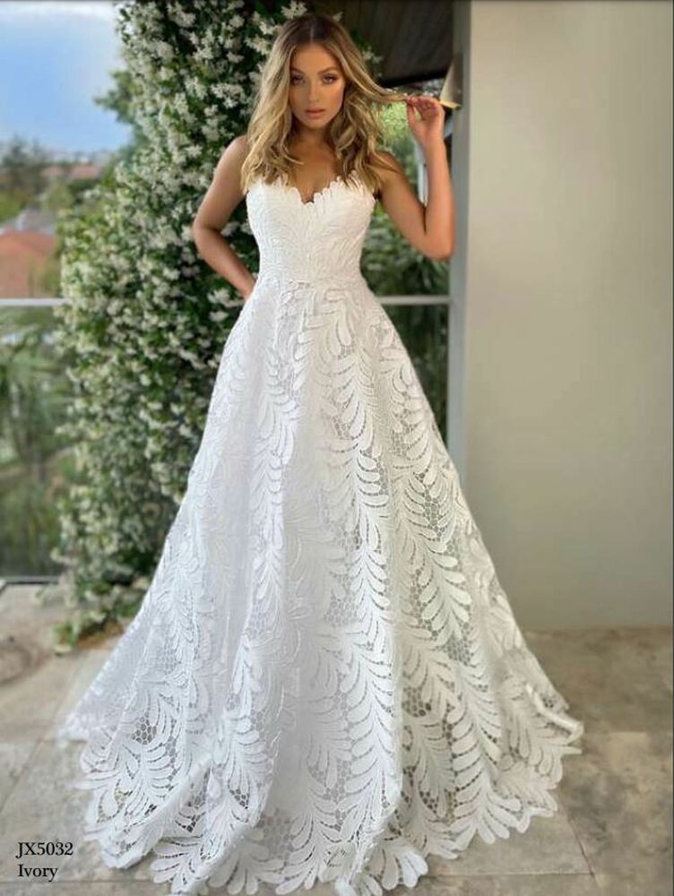 Kori JX5032 Jadore Evening Gown Floor-Lenght A-Line Ball Gown with Structured Sweetheart Bodice and White Leaf Contemporary Lace Overlay at Fashionably Yours