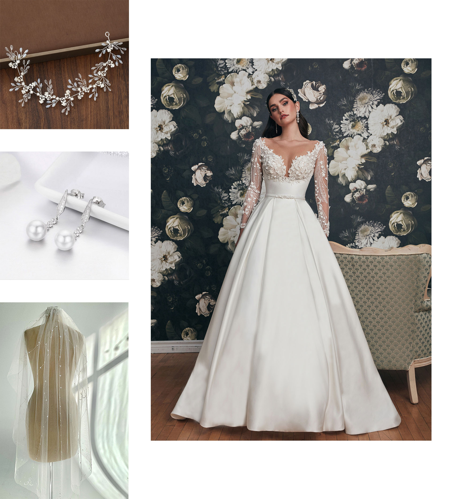 Manuela by Calla Blanche Bridal with Celestial Beaded Wedding Veil, Geometric Pearl Drop Earrings and Silver Crystal Pearl Leaf Bridal Headdress.