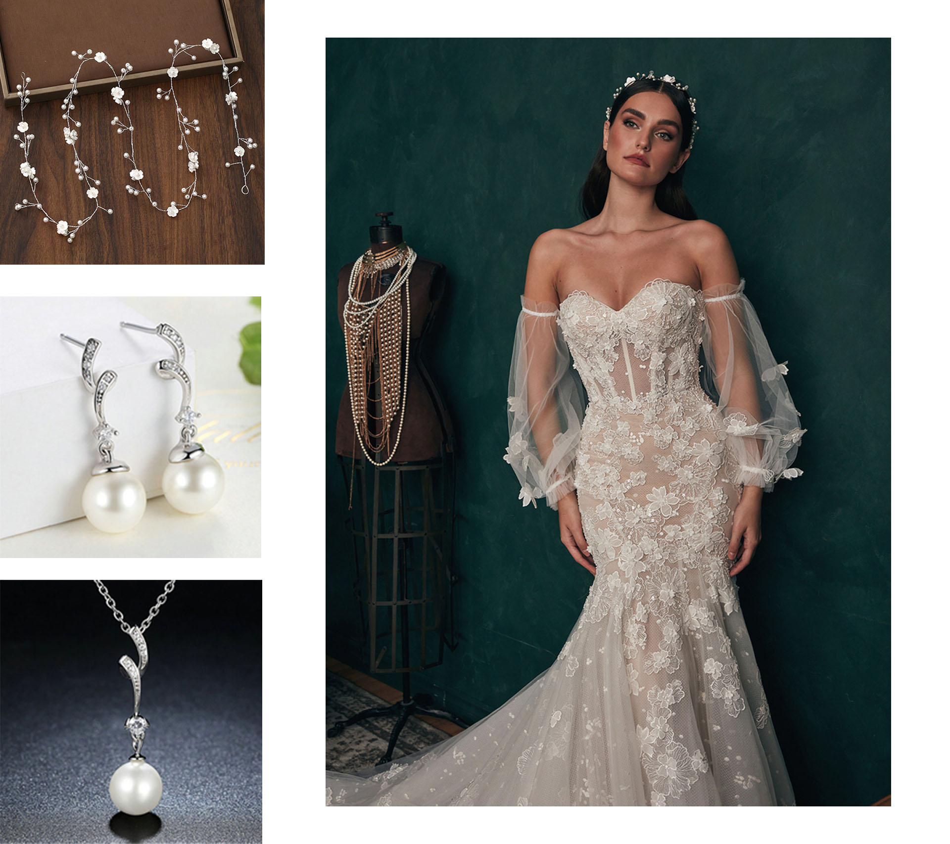 Rafaela by Calla Blanche Bridal with Silver Pearl Crystal Floral Wedding Headdress and Spiral Pearl Bridal Necklace & Earring Set.