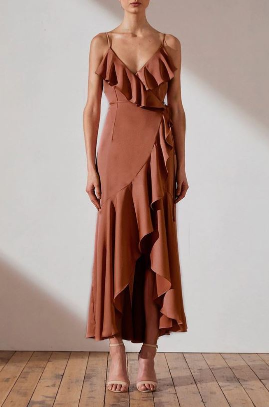 LUXE BIAS FRILL WRAP DRESS - Mocha