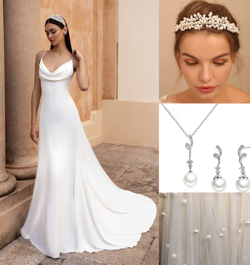 How to Accessorise Simple Wedding Dresses: The perfect bridal headpieces and jewellery for crepe, satin and mikado dresses. 