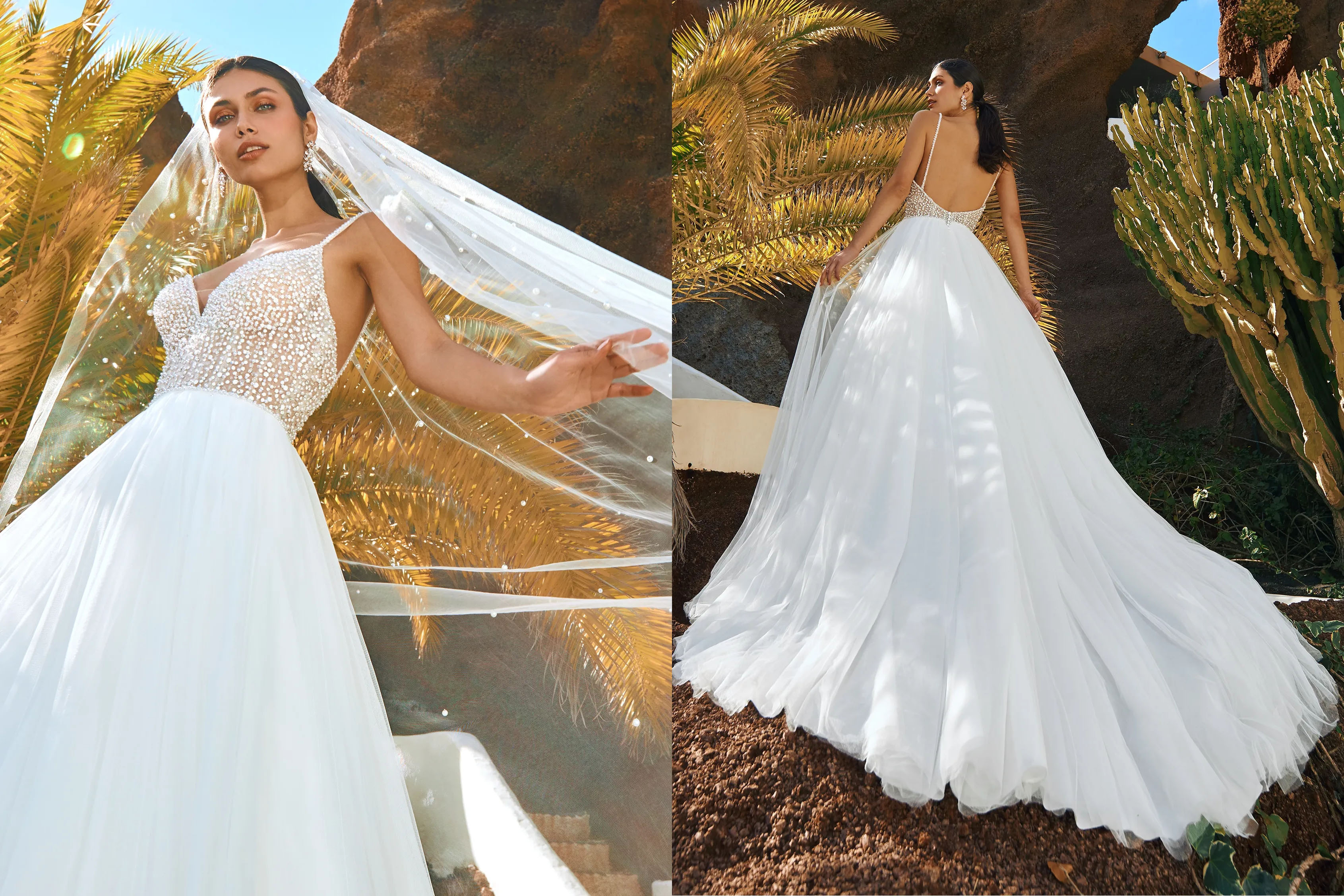 Skellig Beaded V Neck Spaghetti Strap Bodice with A Line Tulle Skirt Wedding Gown by Pronovias at Fashionably Yours