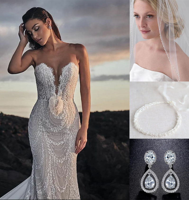 How to Accessorise Simple Wedding Dresses: The perfect bridal headpieces veils and jewellery for glittery, beaded and crystal wedding gowns. 
