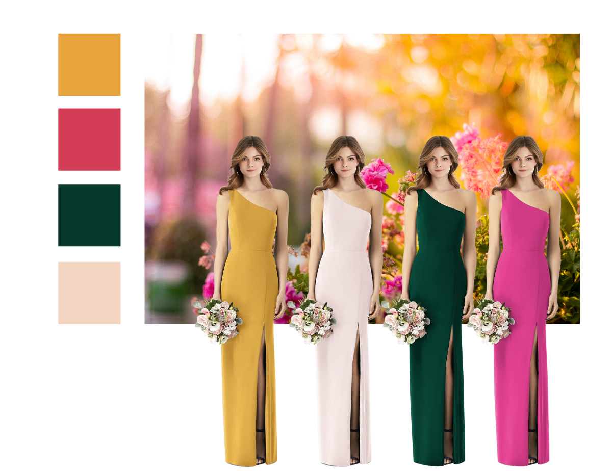 Spring Garden Wedding Dessy One-Shoulder Crepe Front Slit Bridesmaid Dress at Fashionably Yours