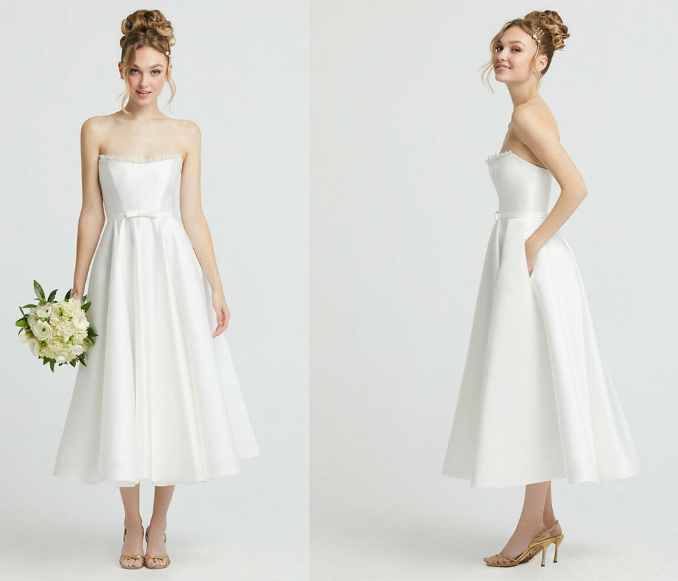 Affordable Dessy Tea-Length Strapless Wedding Dress