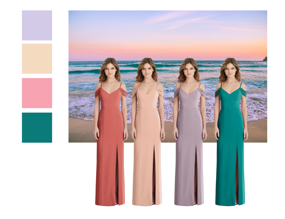 Sea-side Summer Wedding Dessy Cold Shoulder V-neck Long Front Slit Bridesmaid Dress from Fashionably Yours