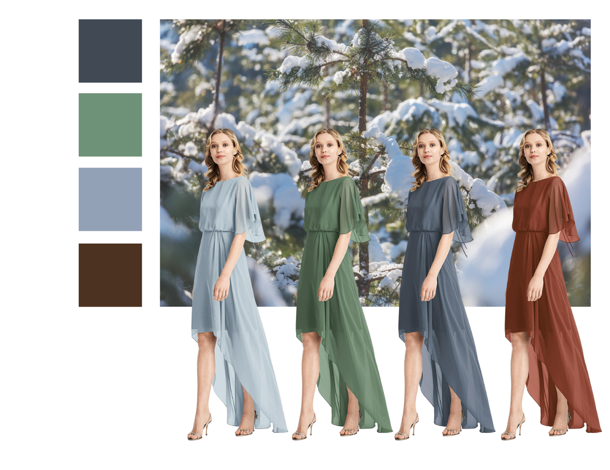 Frosty Forest Winter Wedding Dessy Flutter Sleeve High-Low Bridesmaid Dress at Fashionably Yours